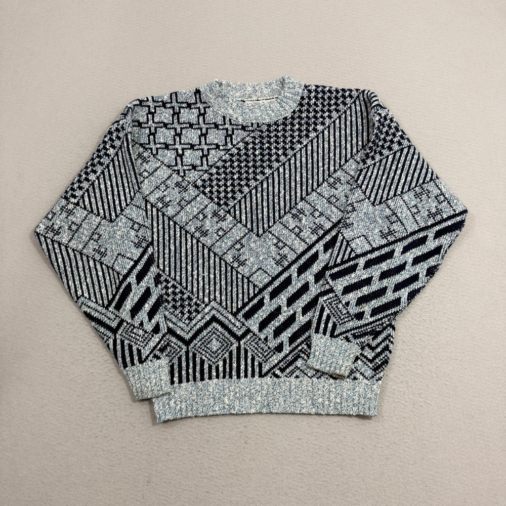 Vintage J.J. Cochran Sweater Medium Blue Mixed Geometric Pattern Knit USA 90s